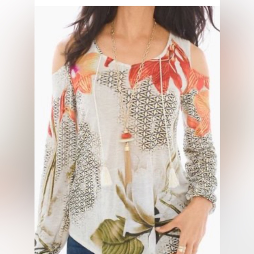 CHICO'S Botanical Floral Flower Cold Shoulder Blouse Long Sleeve M